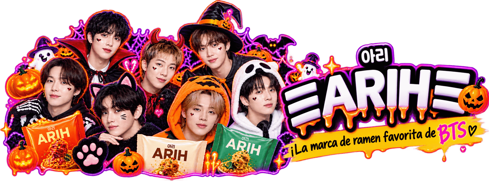 Banner neón de Halloween con BTS y ramen